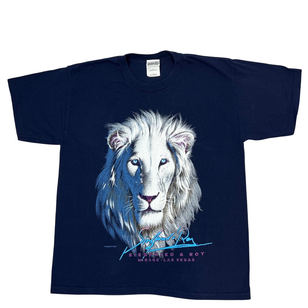 Siegfried & Roy T-Shirt Large Navy Blue 1996 White Lion Mirage Las Vegas Vintage